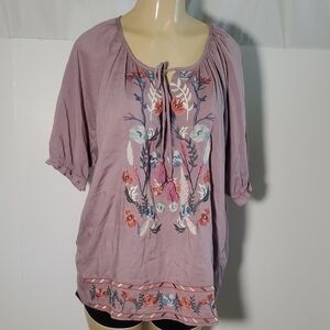 JODIFL Lavender Embroidered Blouse  Boho Tie Floral Tunic Top Size L